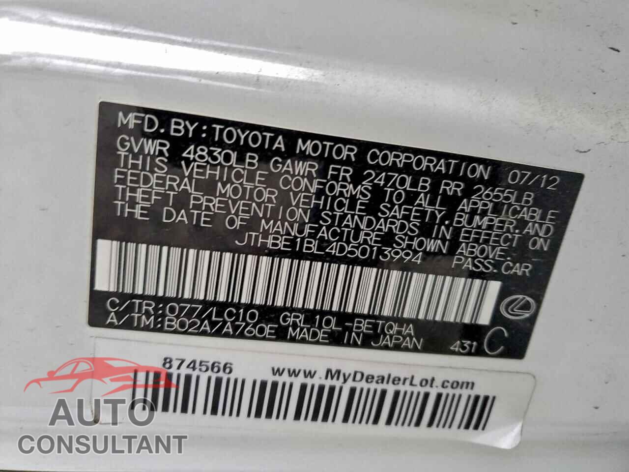 LEXUS GS350 2013 - JTHBE1BL4D5013994