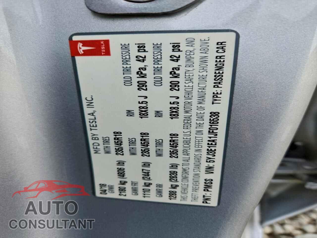 TESLA MODEL 3 2018 - 5YJ3E1EA1JF016538