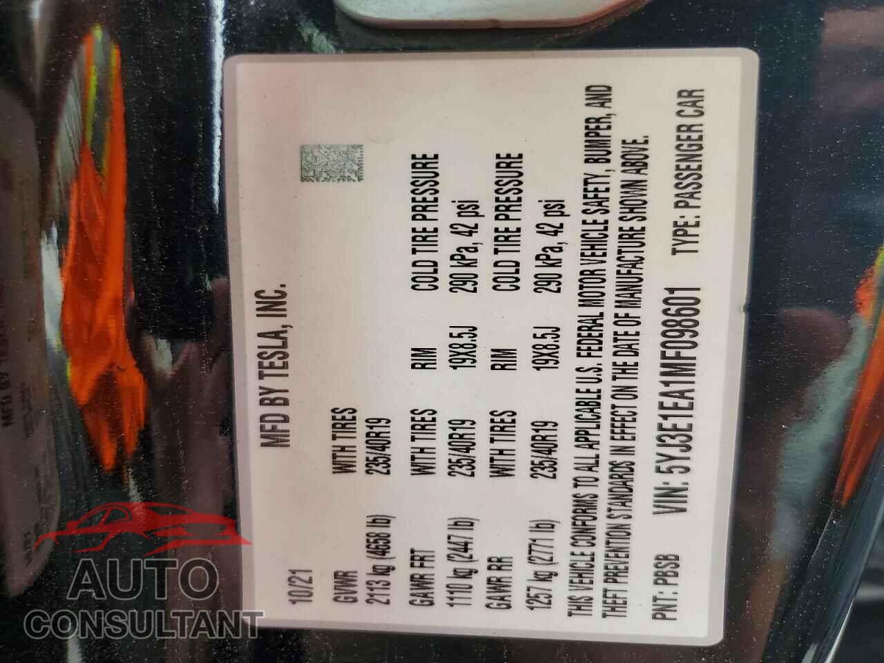 TESLA MODEL 3 2021 - 5YJ3E1EA1MF098601
