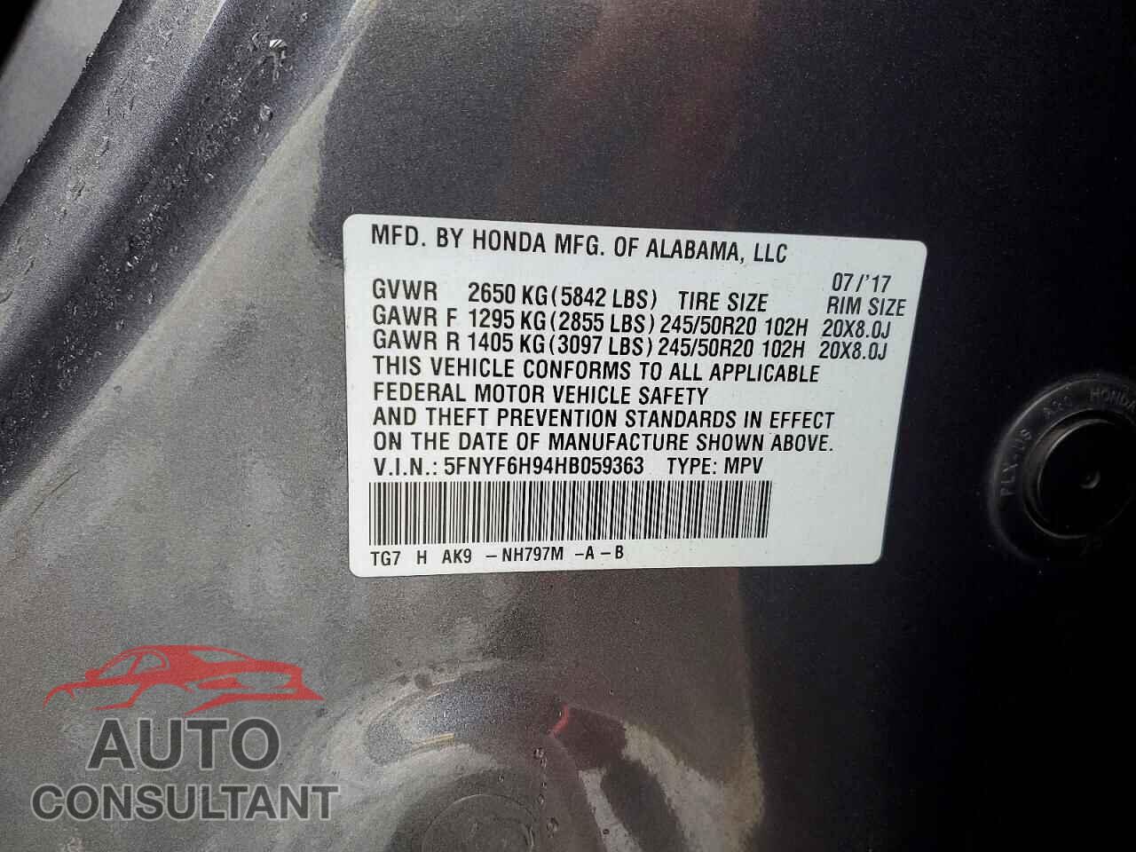 HONDA PILOT 2017 - 5FNYF6H94HB059363
