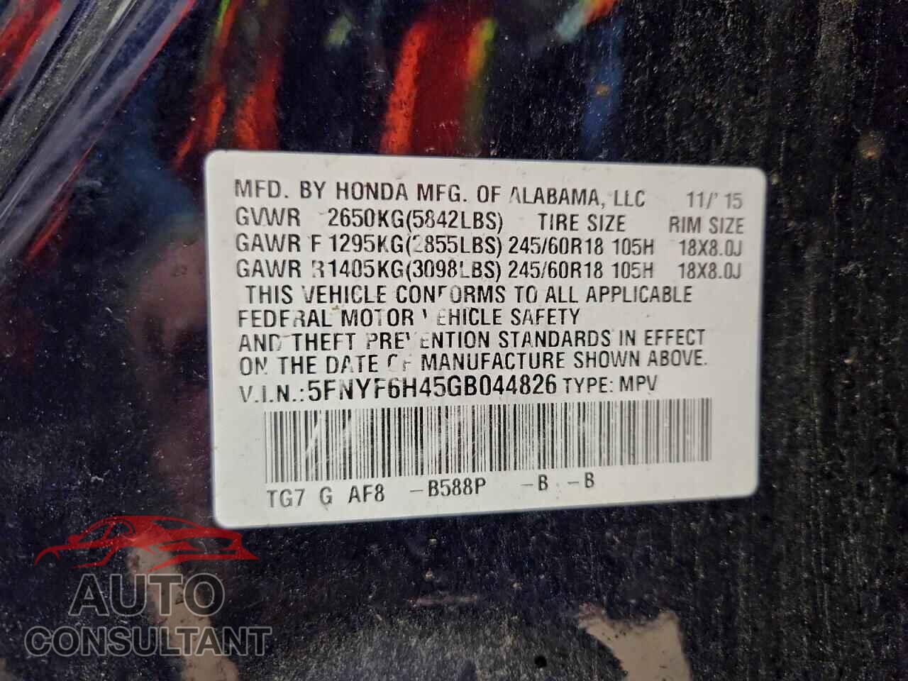 HONDA PILOT 2016 - 5FNYF6H45GB044826