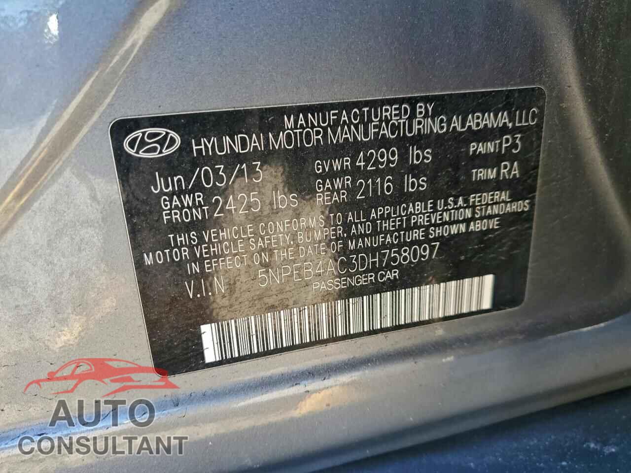 HYUNDAI SONATA 2013 - 5NPEB4AC3DH758097