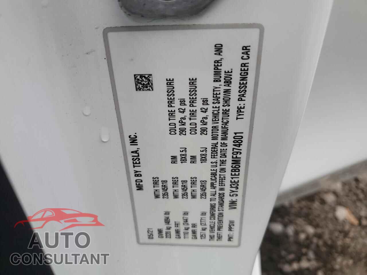 TESLA MODEL 3 2021 - 5YJ3E1EB6MF974801