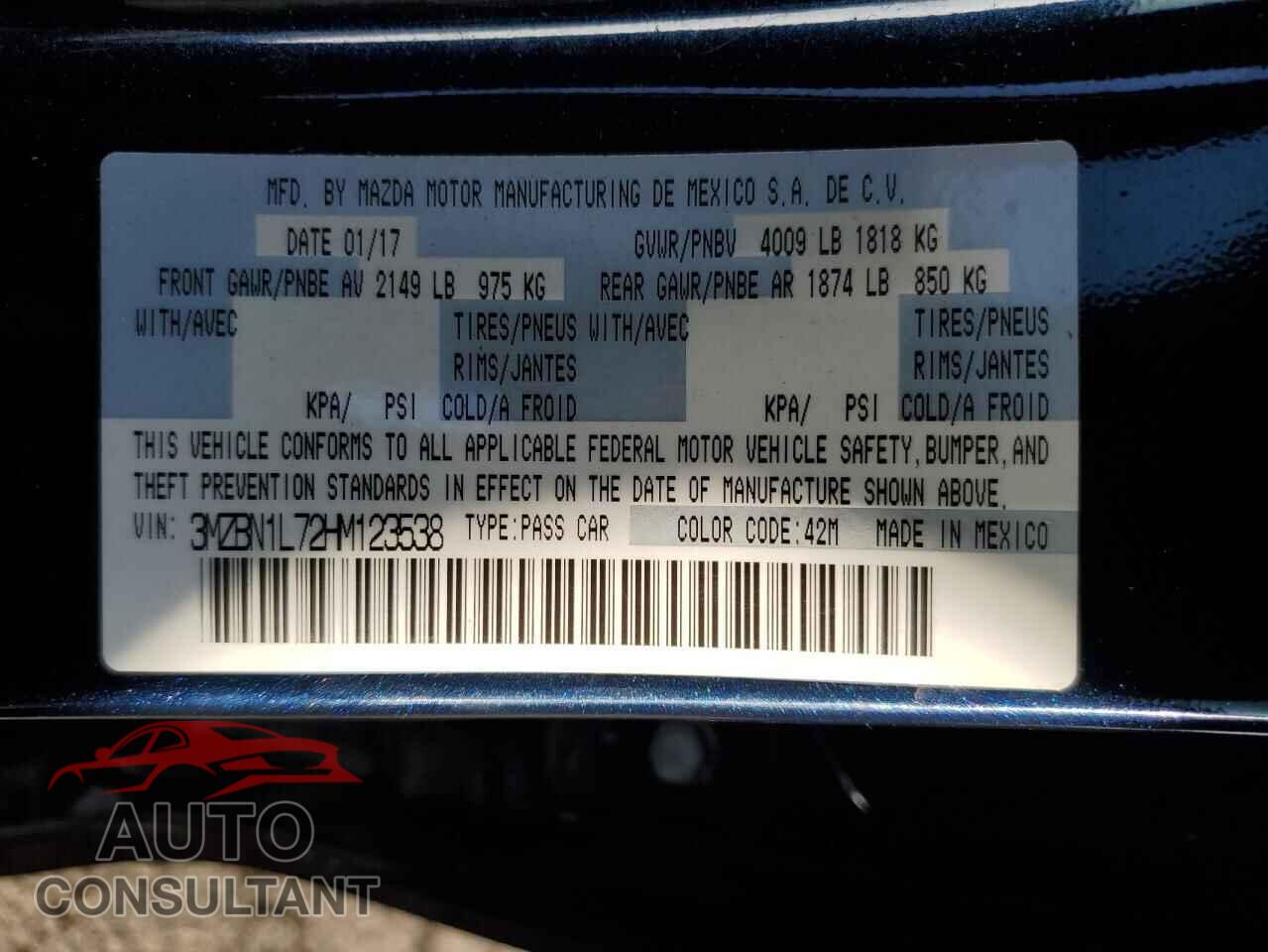 MAZDA 3 2017 - 3MZBN1L72HM123538