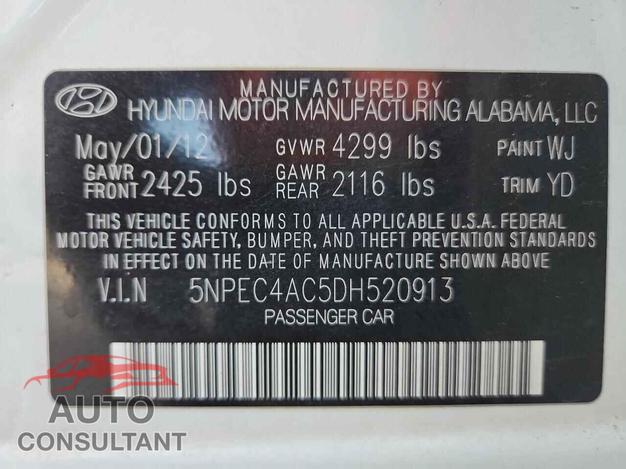 HYUNDAI SONATA 2013 - 5NPEC4AC5DH520913