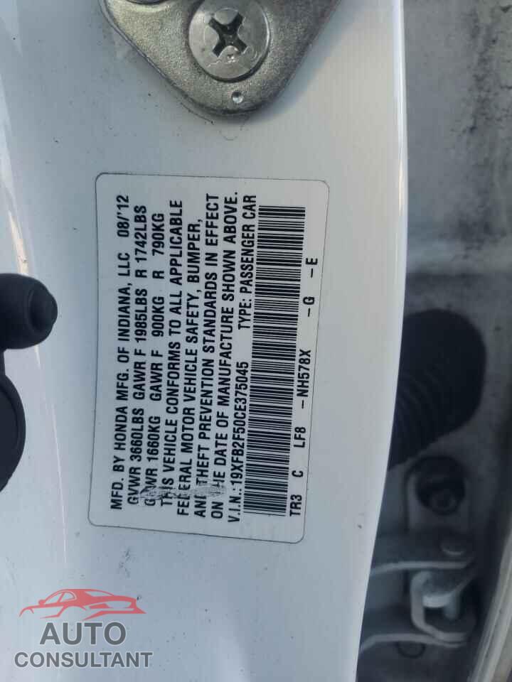 HONDA CIVIC 2012 - 19XFB2F50CE375045