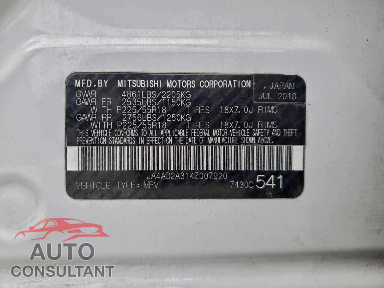 MITSUBISHI OUTLANDER 2019 - JA4AD2A31KZ007920