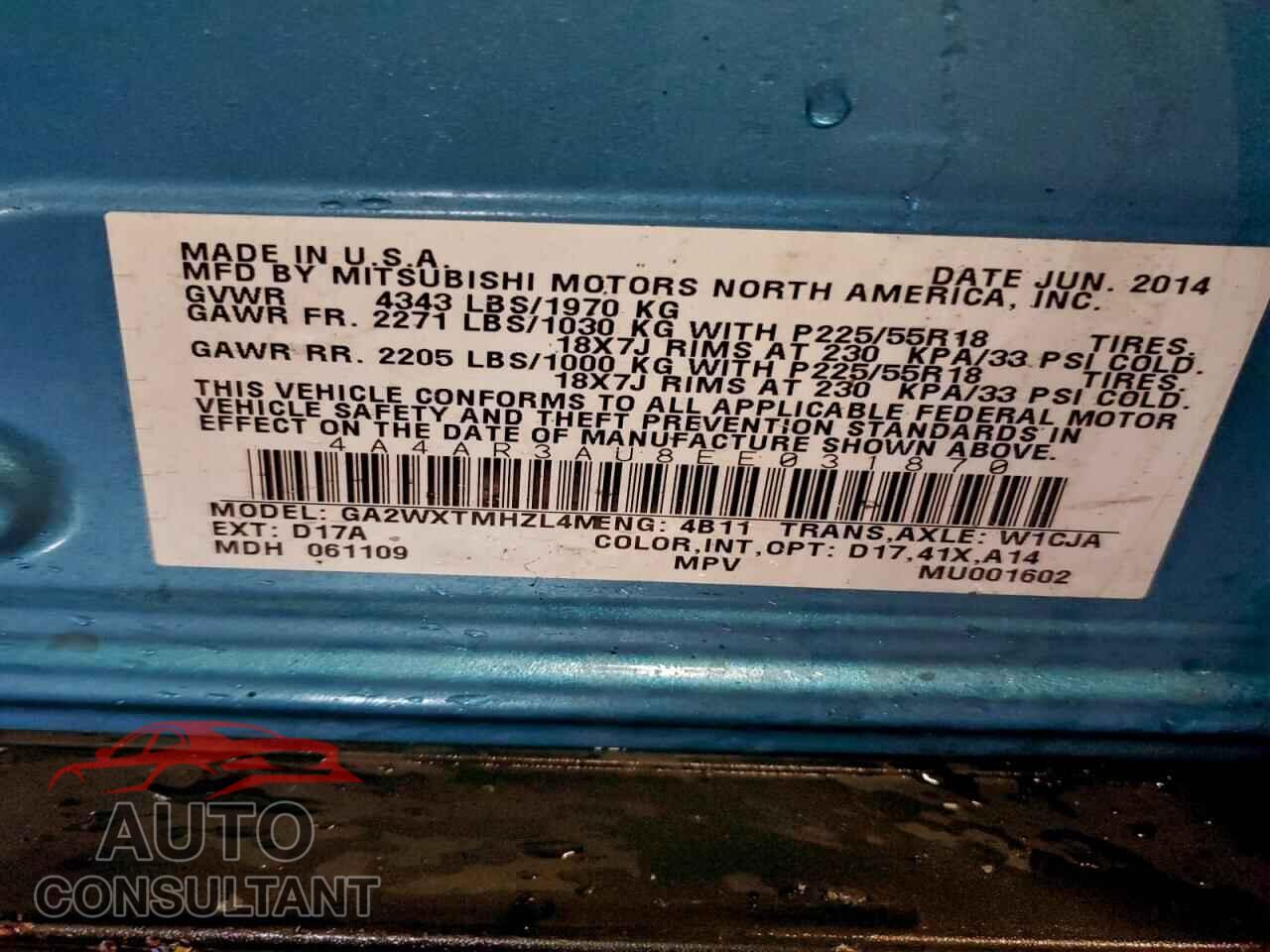 MITSUBISHI OUTLANDER 2014 - 4A4AR3AU8EE031870