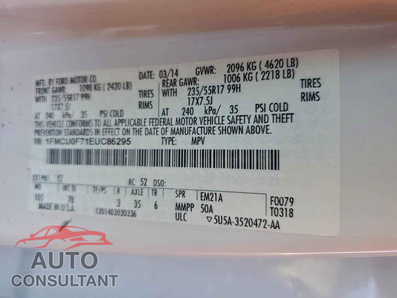 FORD ESCAPE 2014 - 1FMCU0F71EUC86295
