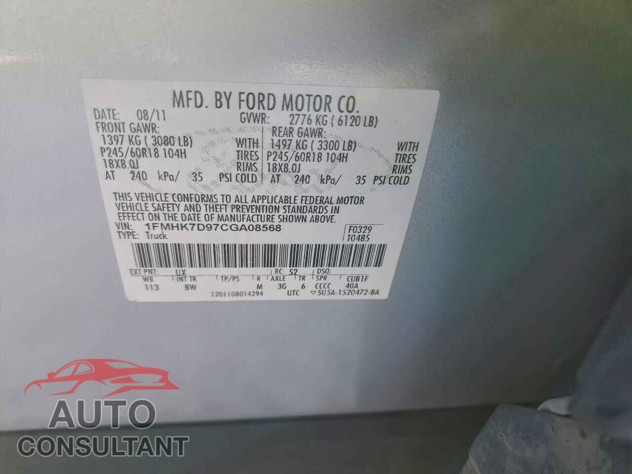 FORD EXPLORER 2012 - 1FMHK7D97CGA08568