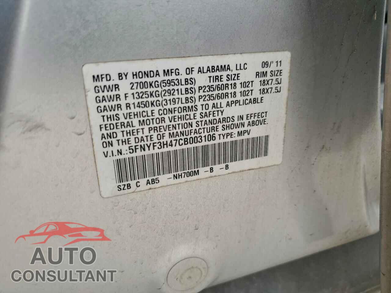 HONDA PILOT 2012 - 5FNYF3H47CB003106