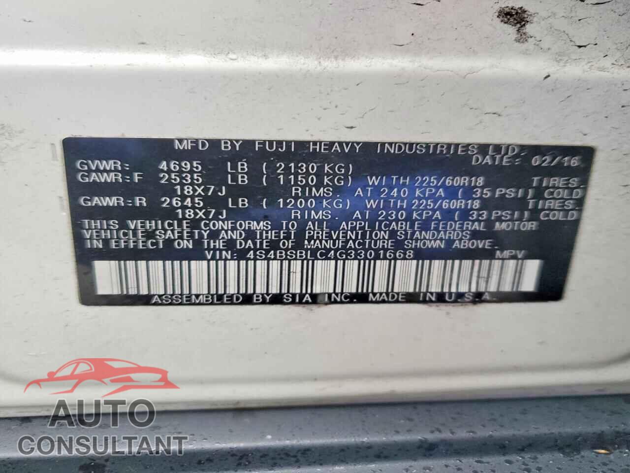 SUBARU OUTBACK 2016 - 4S4BSBLC4G3301668
