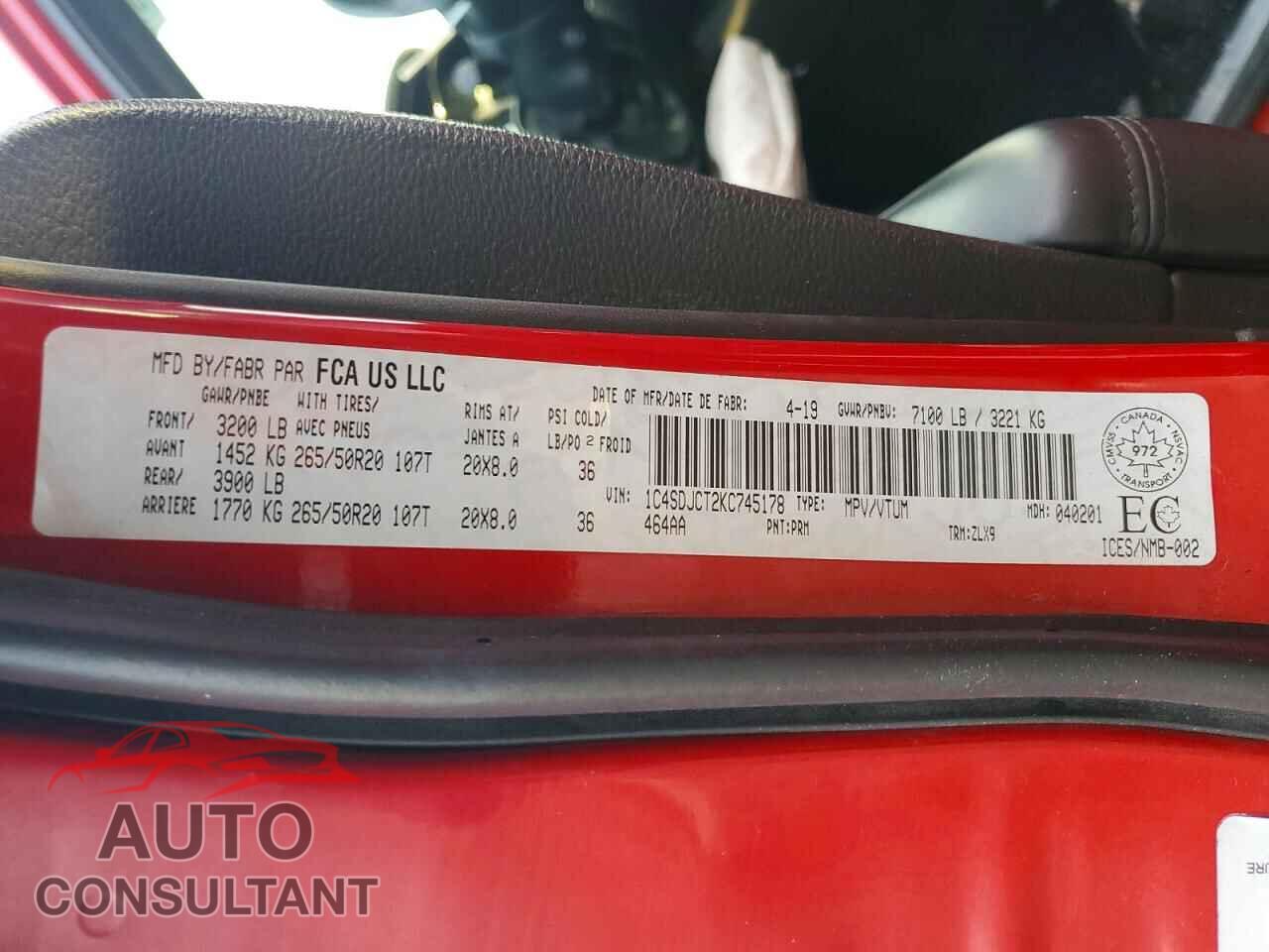 DODGE DURANGO 2019 - 1C4SDJCT2KC745178