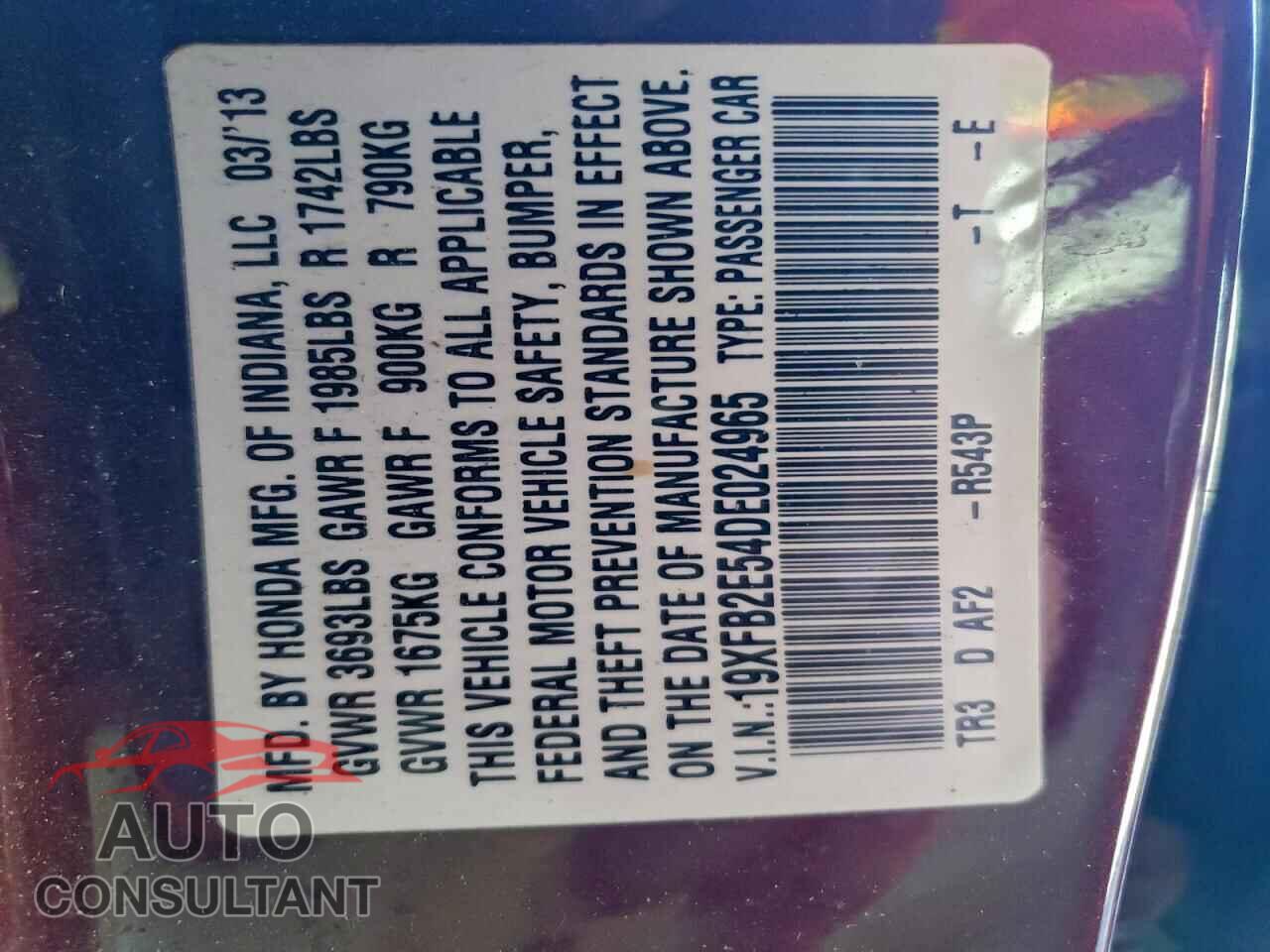 HONDA CIVIC 2013 - 19XFB2E54DE024965