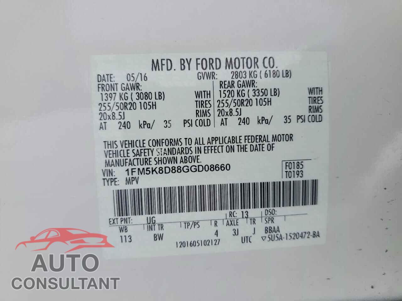FORD EXPLORER 2016 - 1FM5K8D88GGD08660