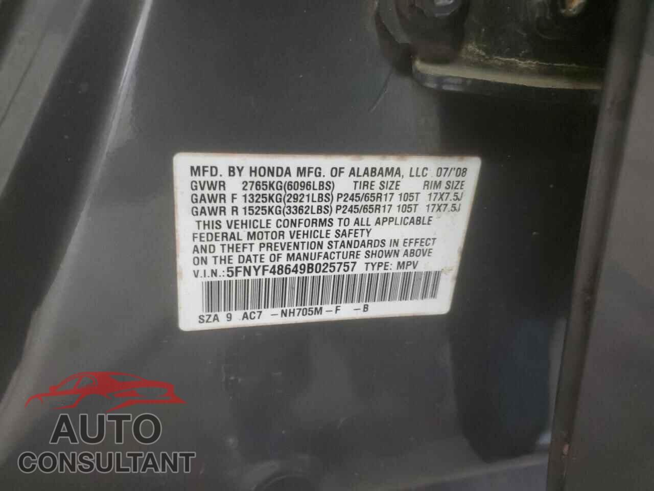 HONDA PILOT 2009 - 5FNYF48649B025757