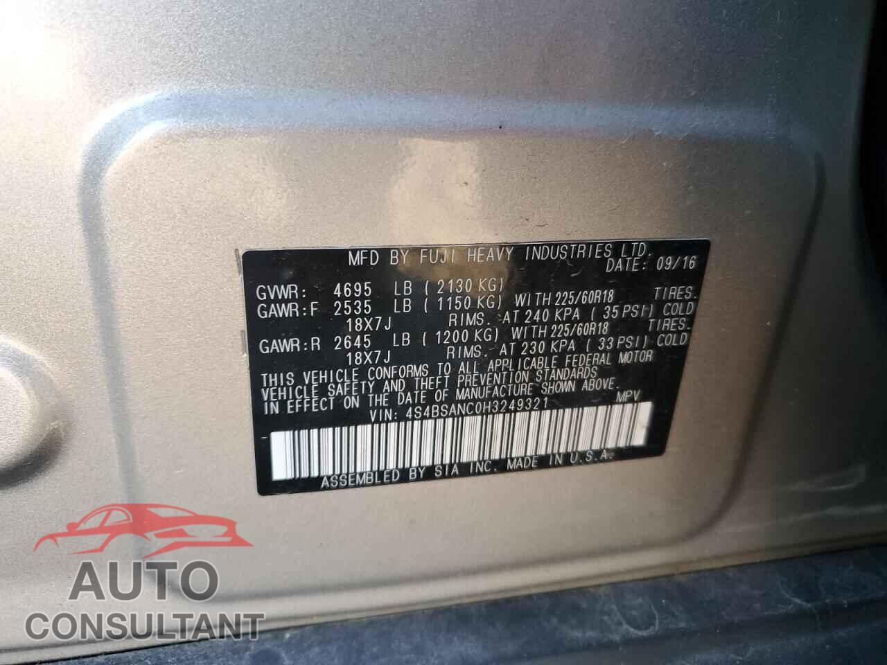 SUBARU OUTBACK 2017 - 4S4BSANC0H3249321