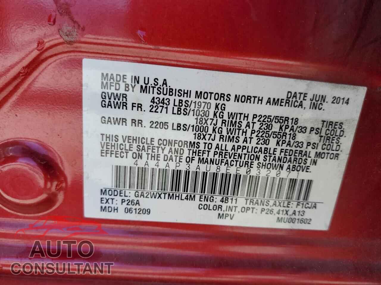 MITSUBISHI OUTLANDER 2014 - 4A4AP3AU8EE032071