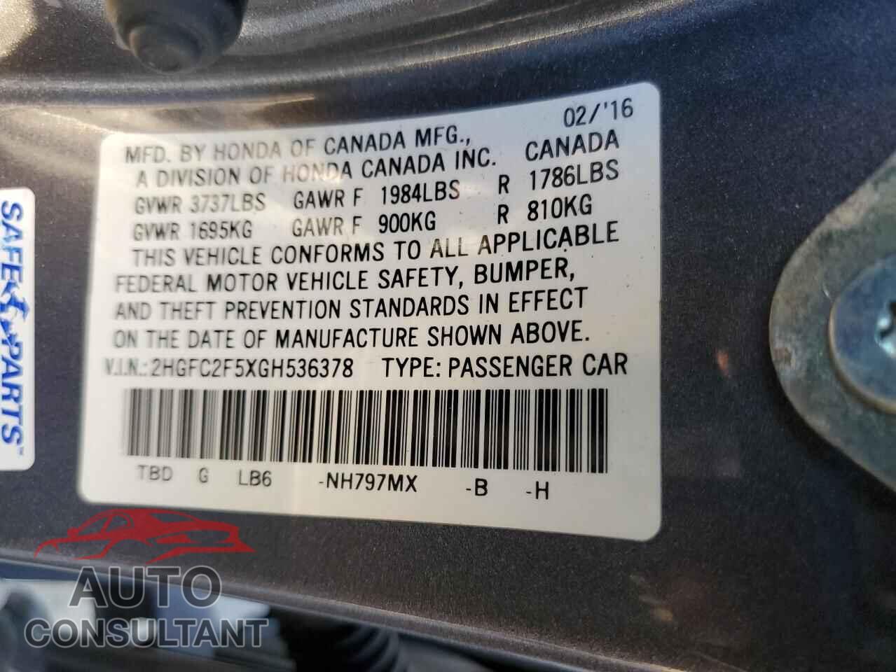 HONDA CIVIC 2016 - 2HGFC2F5XGH536378