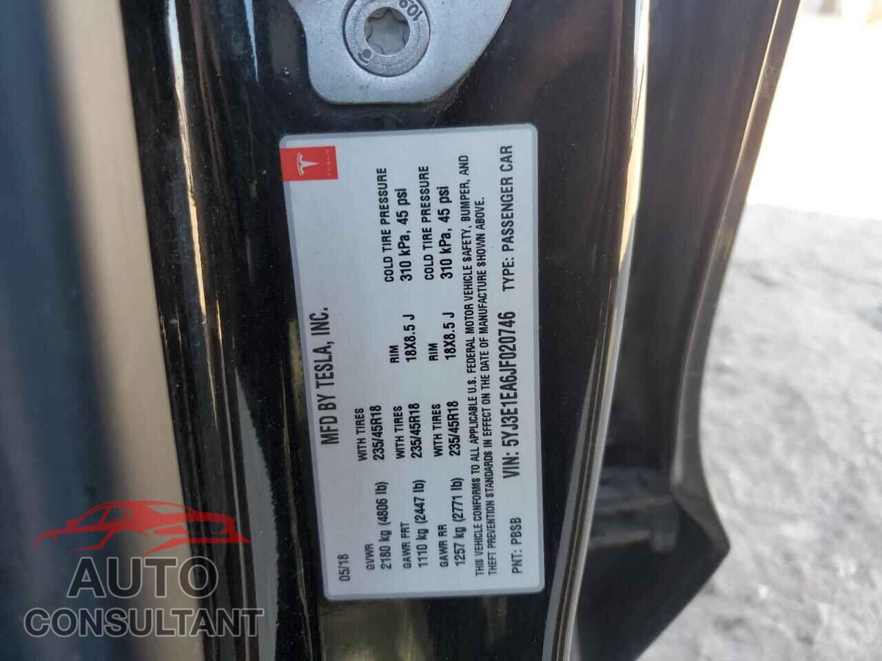 TESLA MODEL 3 2018 - 5YJ3E1EA6JF020746