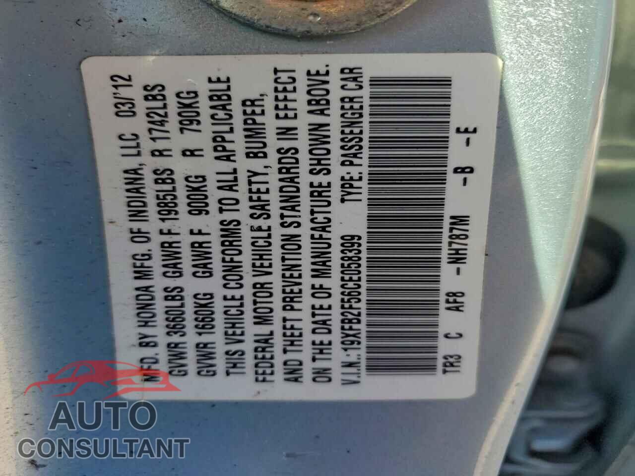 HONDA CIVIC 2012 - 19XFB2F56CE058399