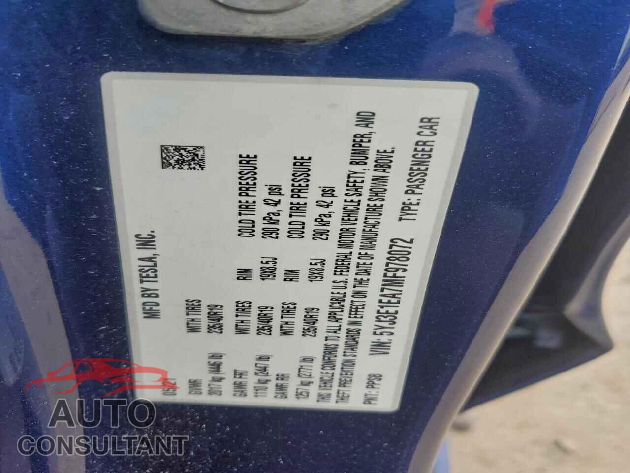TESLA MODEL 3 2021 - 5YJ3E1EA7MF978072