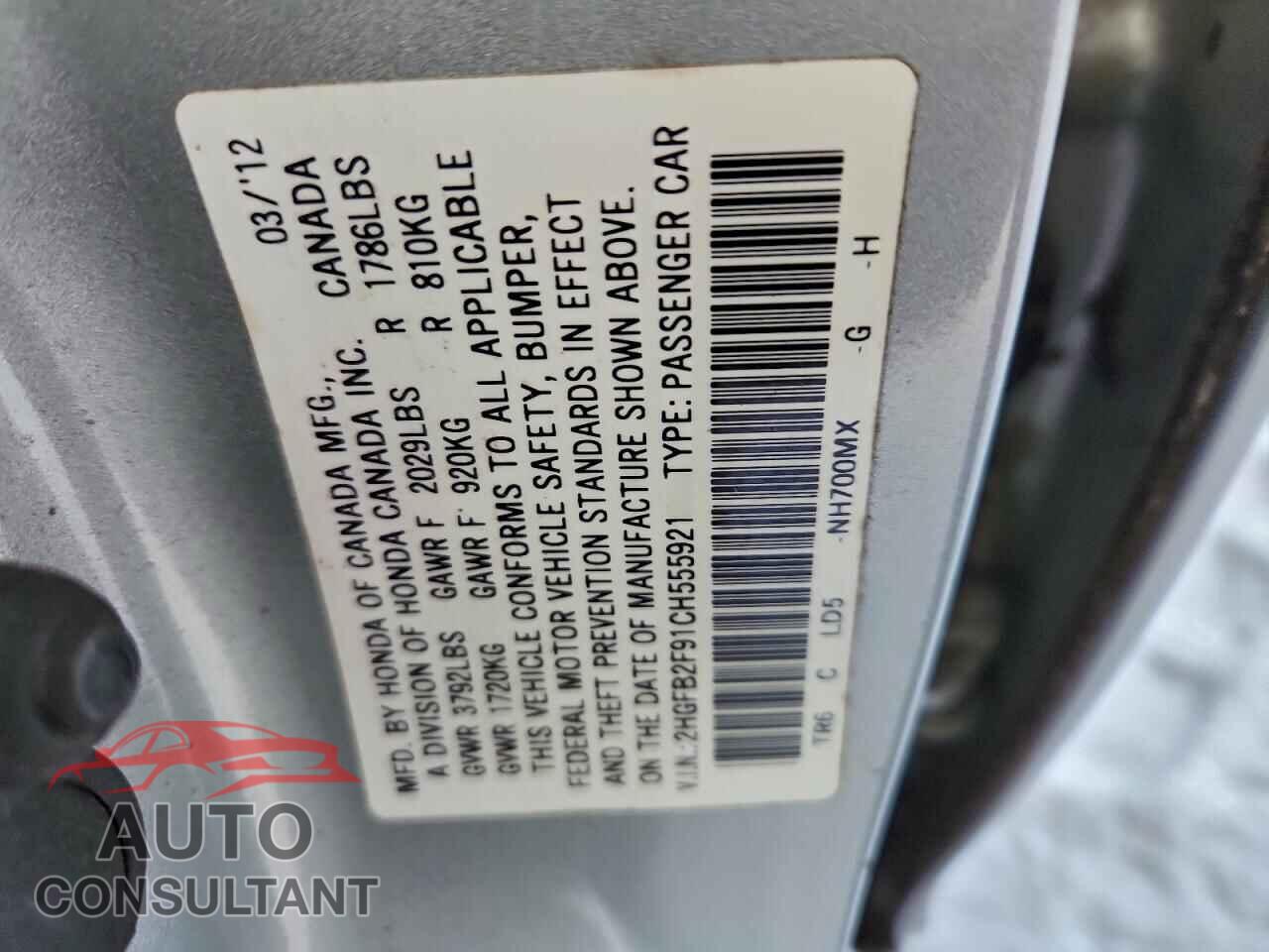 HONDA CIVIC 2012 - 2HGFB2F91CH555921