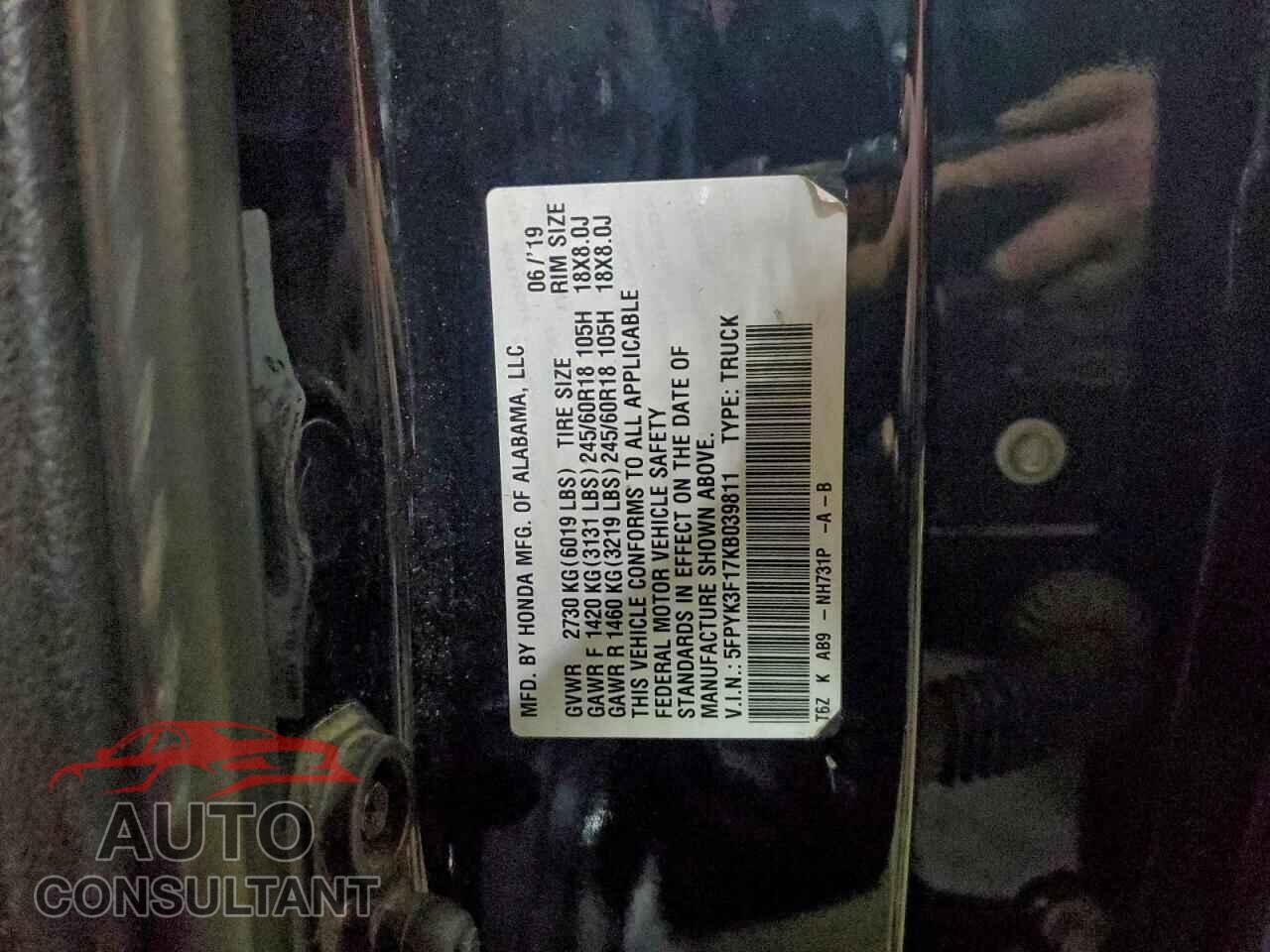 HONDA RIDGELINE 2019 - 5FPYK3F17KB039811