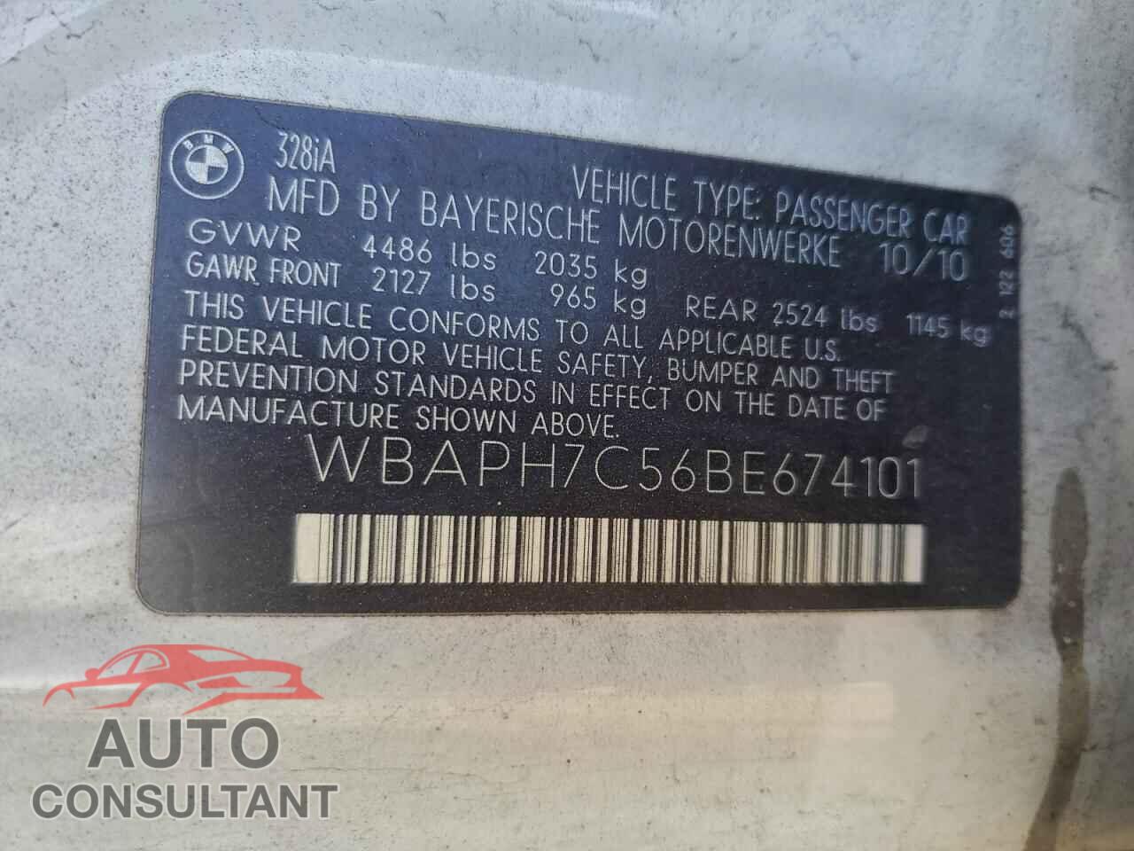 BMW 3 SERIES 2011 - WBAPH7C56BE674101