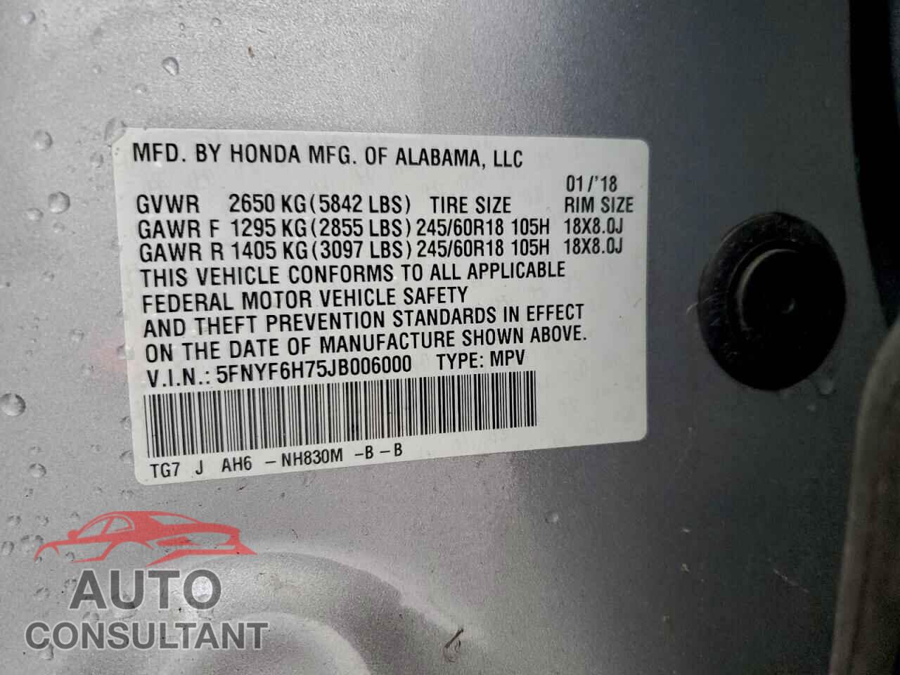 HONDA PILOT 2018 - 5FNYF6H75JB006000