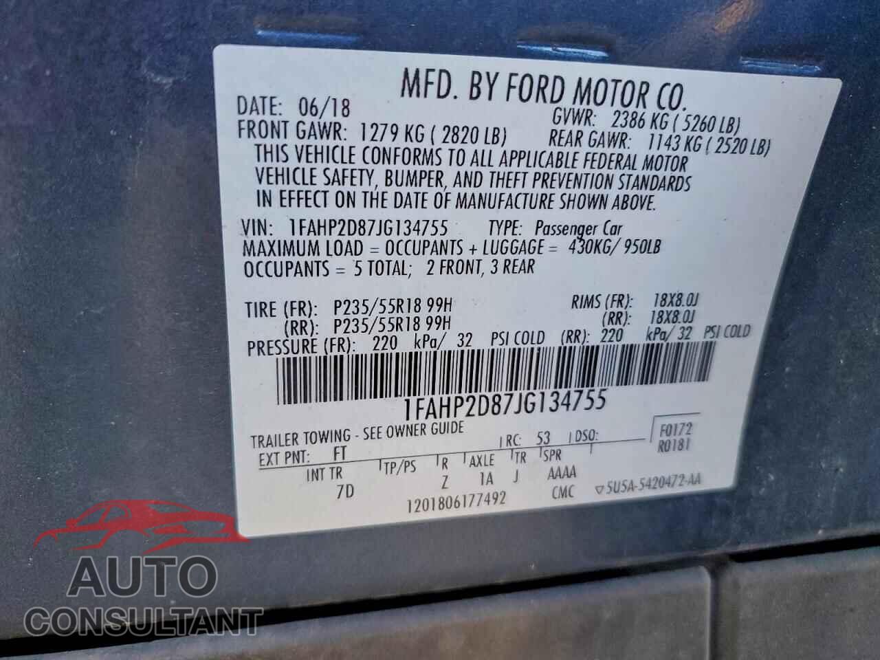 FORD TAURUS 2018 - 1FAHP2D87JG134755