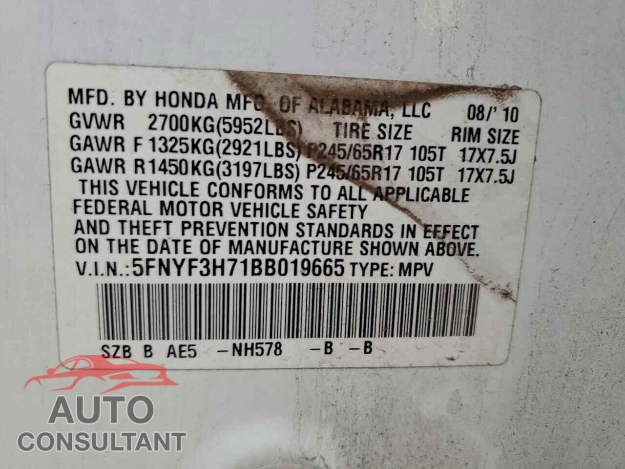 HONDA PILOT 2011 - 5FNYF3H71BB019665