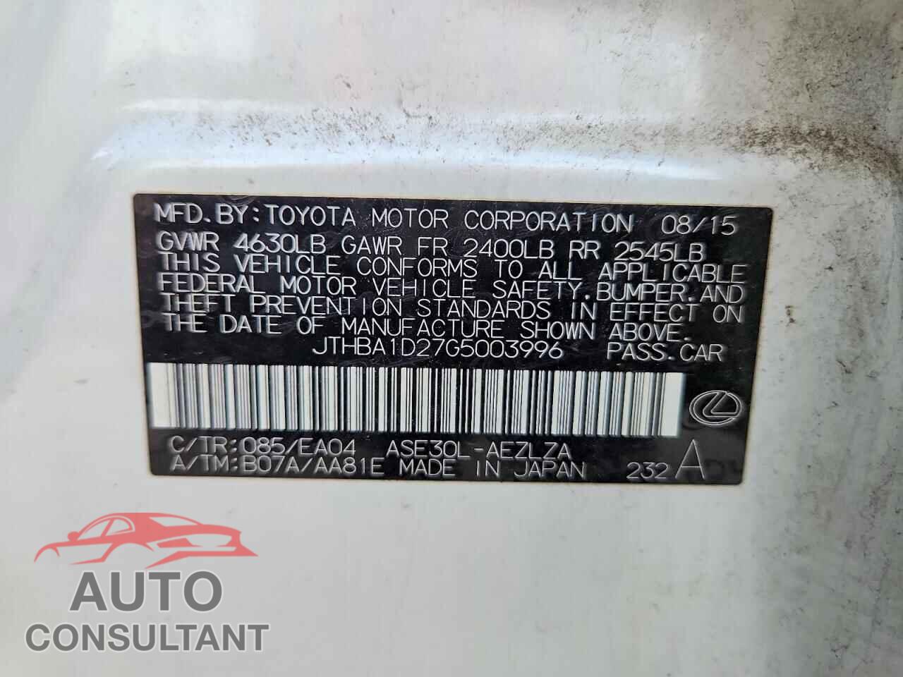 LEXUS IS 2016 - JTHBA1D27G5003996