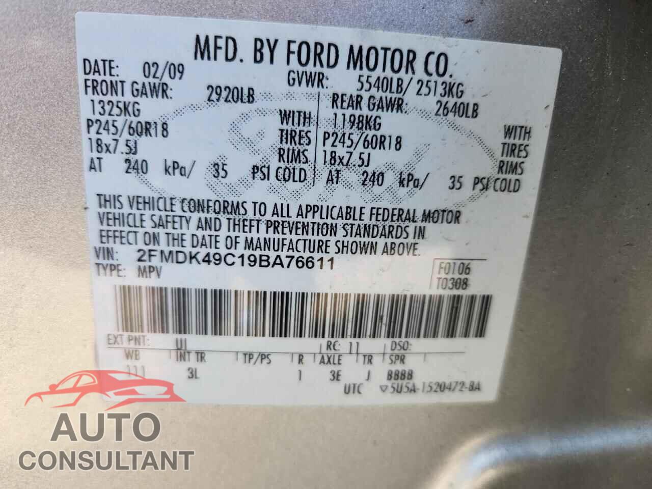 FORD EDGE 2009 - 2FMDK49C19BA76611