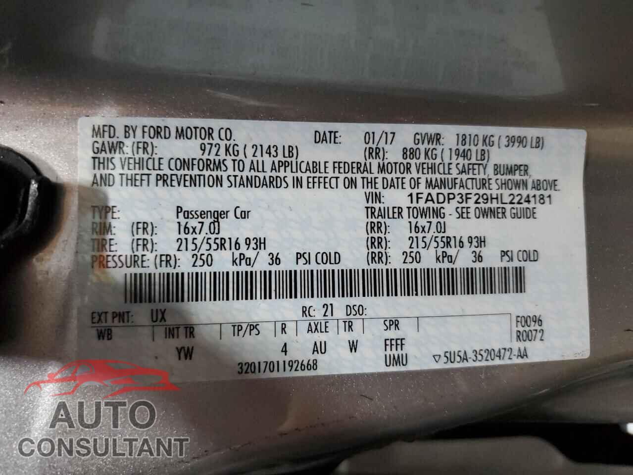 FORD FOCUS 2017 - 1FADP3F29HL224181
