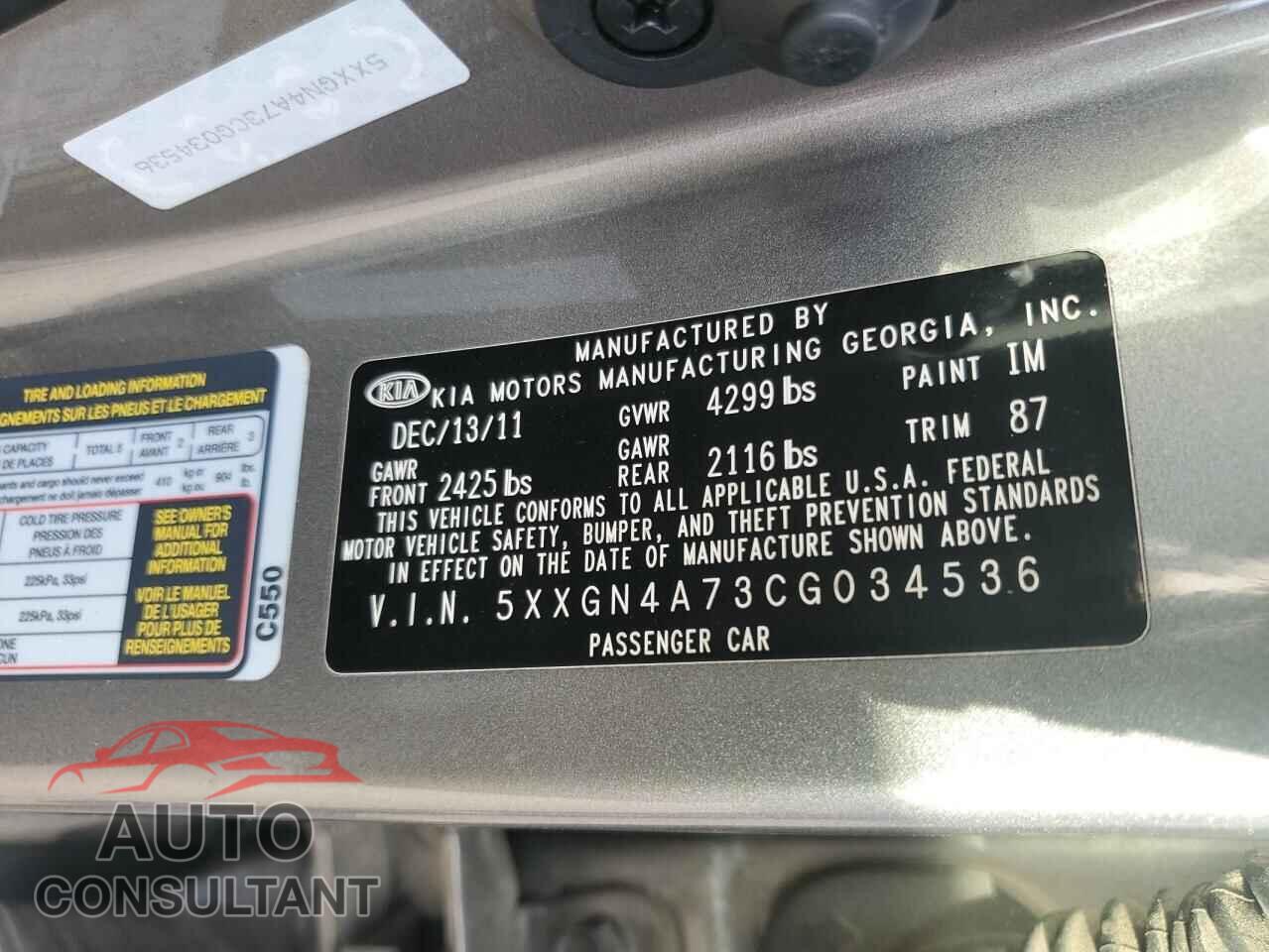 KIA OPTIMA 2012 - 5XXGN4A73CG034536
