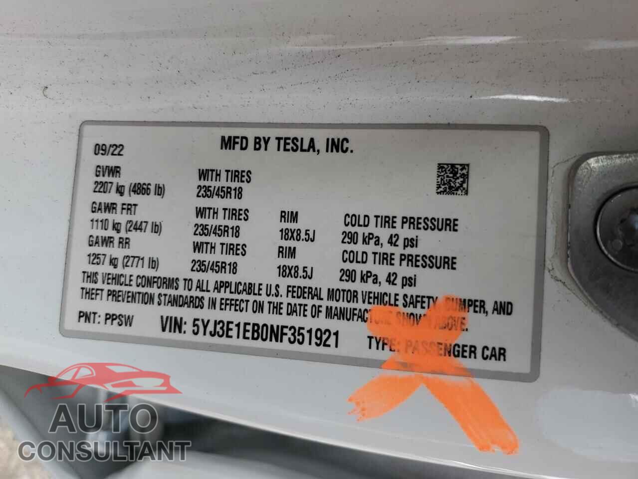 TESLA MODEL 3 2022 - 5YJ3E1EB0NF351921
