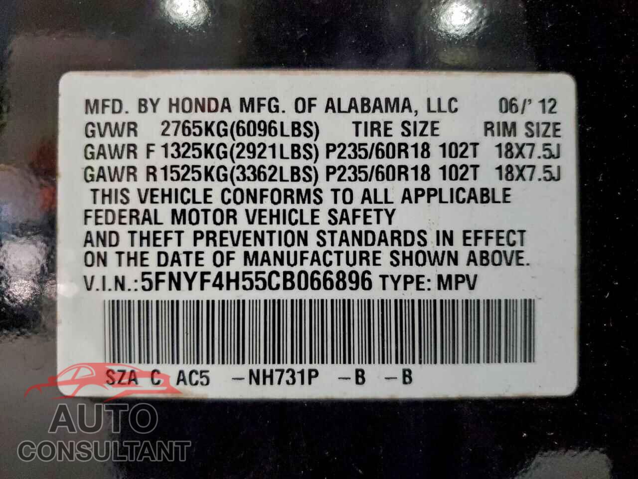 HONDA PILOT 2012 - 5FNYF4H55CB066896