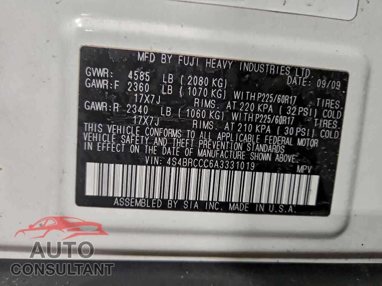 SUBARU OUTBACK 2010 - 4S4BRCCC6A3331019