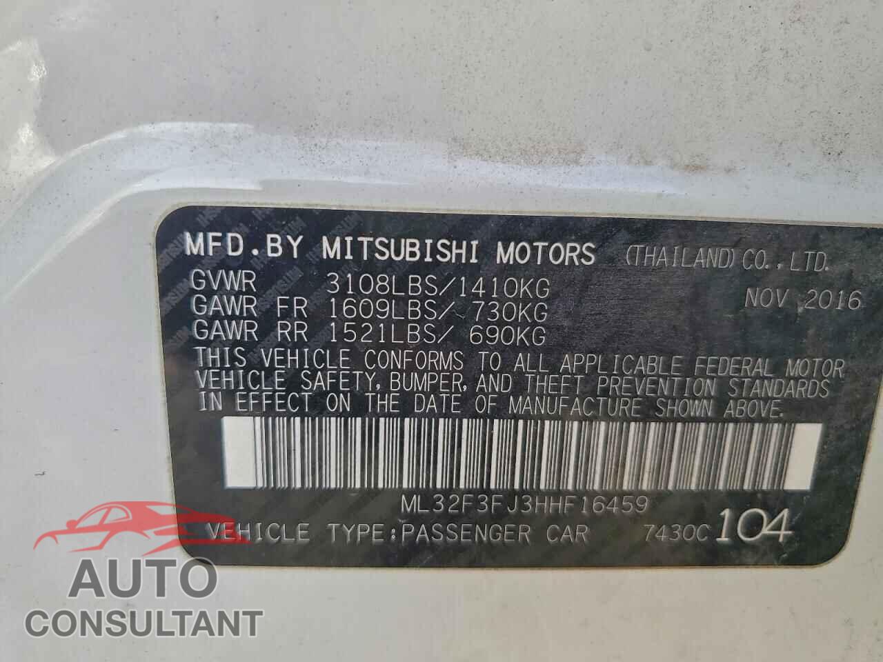 MITSUBISHI MIRAGE 2017 - ML32F3FJ3HHF16459