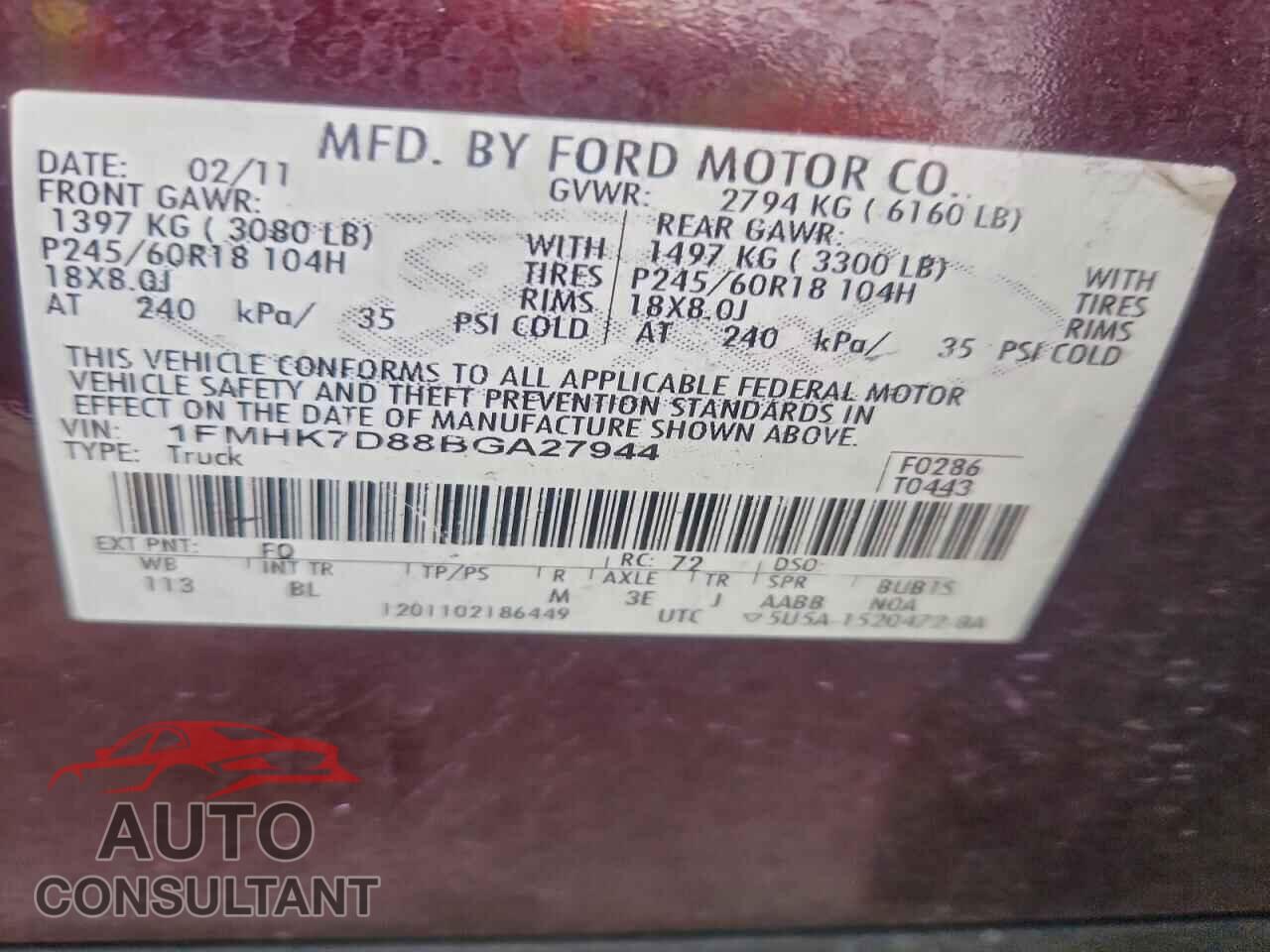 FORD EXPLORER 2011 - 1FMHK7D88BGA27944