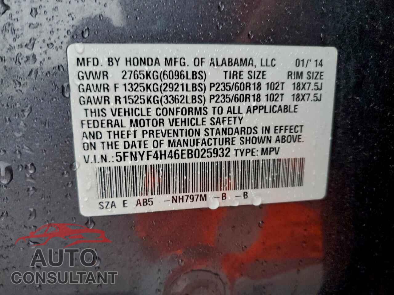 HONDA PILOT 2014 - 5FNYF4H46EB025932