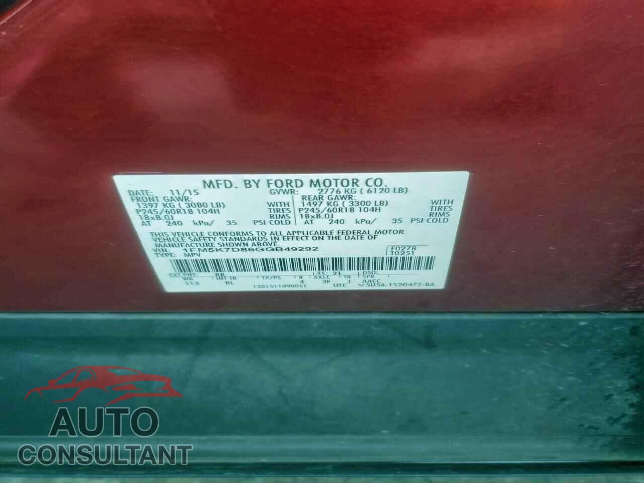 FORD EXPLORER 2016 - 1FM5K7D86GGB49292