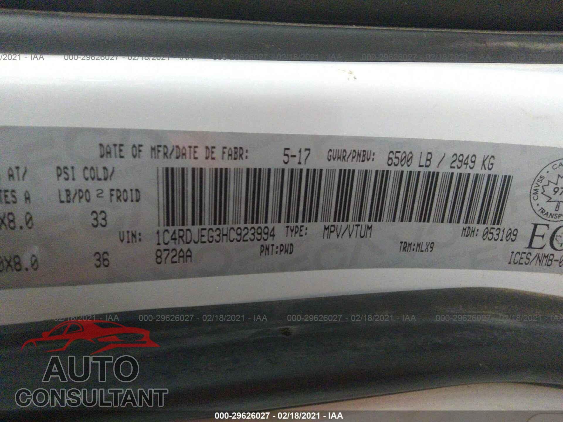 DODGE DURANGO 2017 - 1C4RDJEG3HC923994