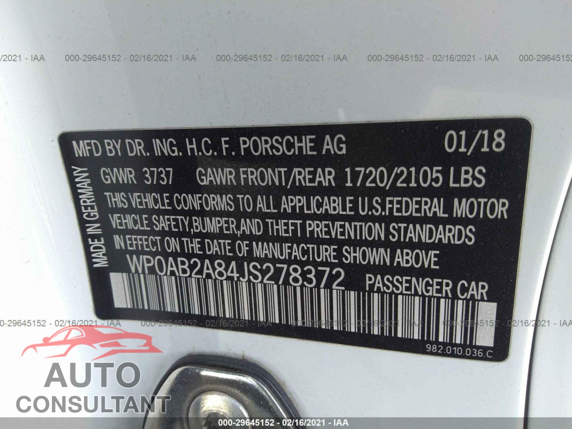 PORSCHE 718 CAYMAN 2018 - WP0AB2A84JS278372