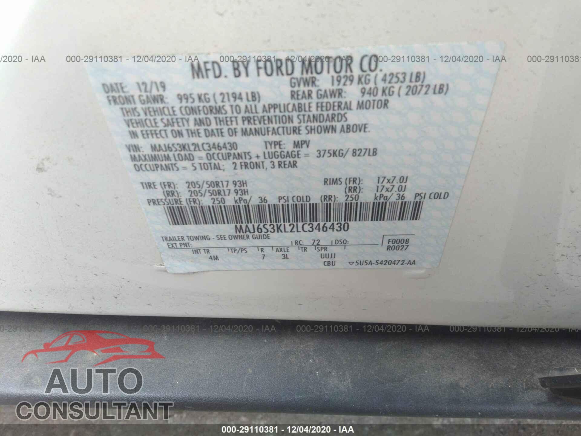 FORD ECOSPORT 2020 - MAJ6S3KL2LC346430