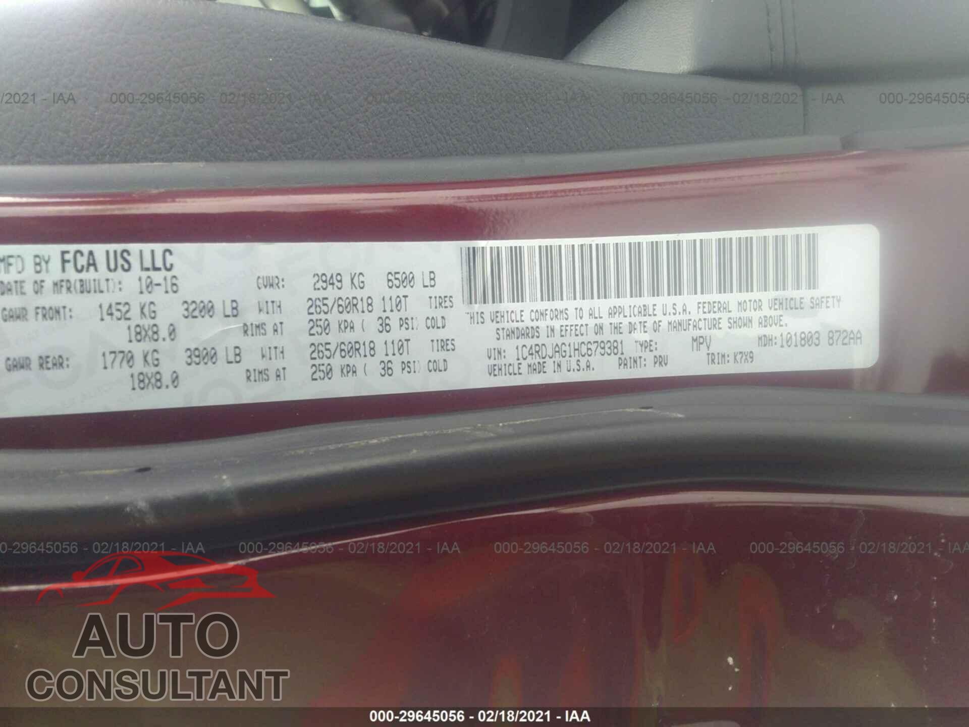DODGE DURANGO 2017 - 1C4RDJAG1HC679381