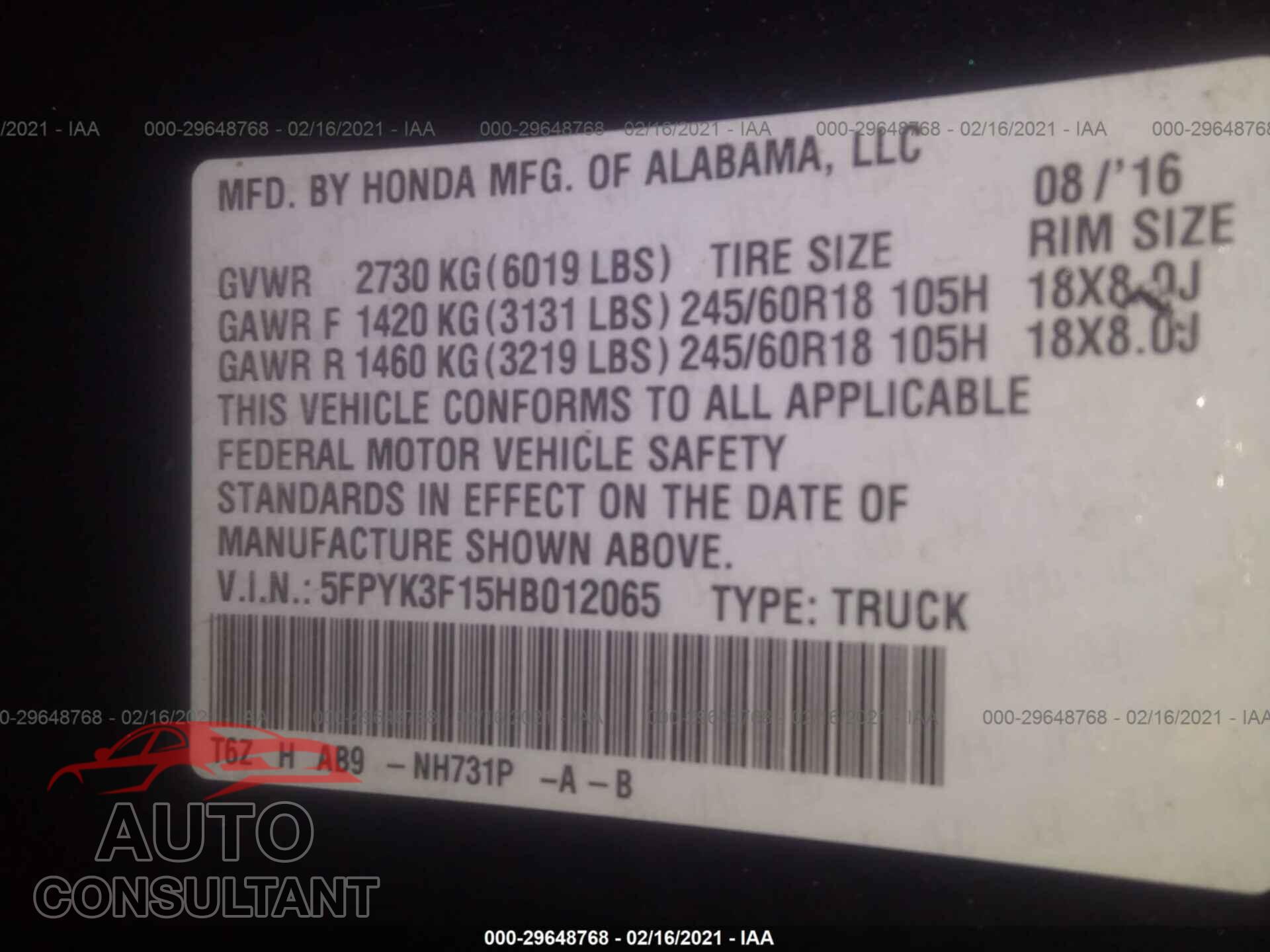 HONDA RIDGELINE 2017 - 5FPYK3F15HB012065