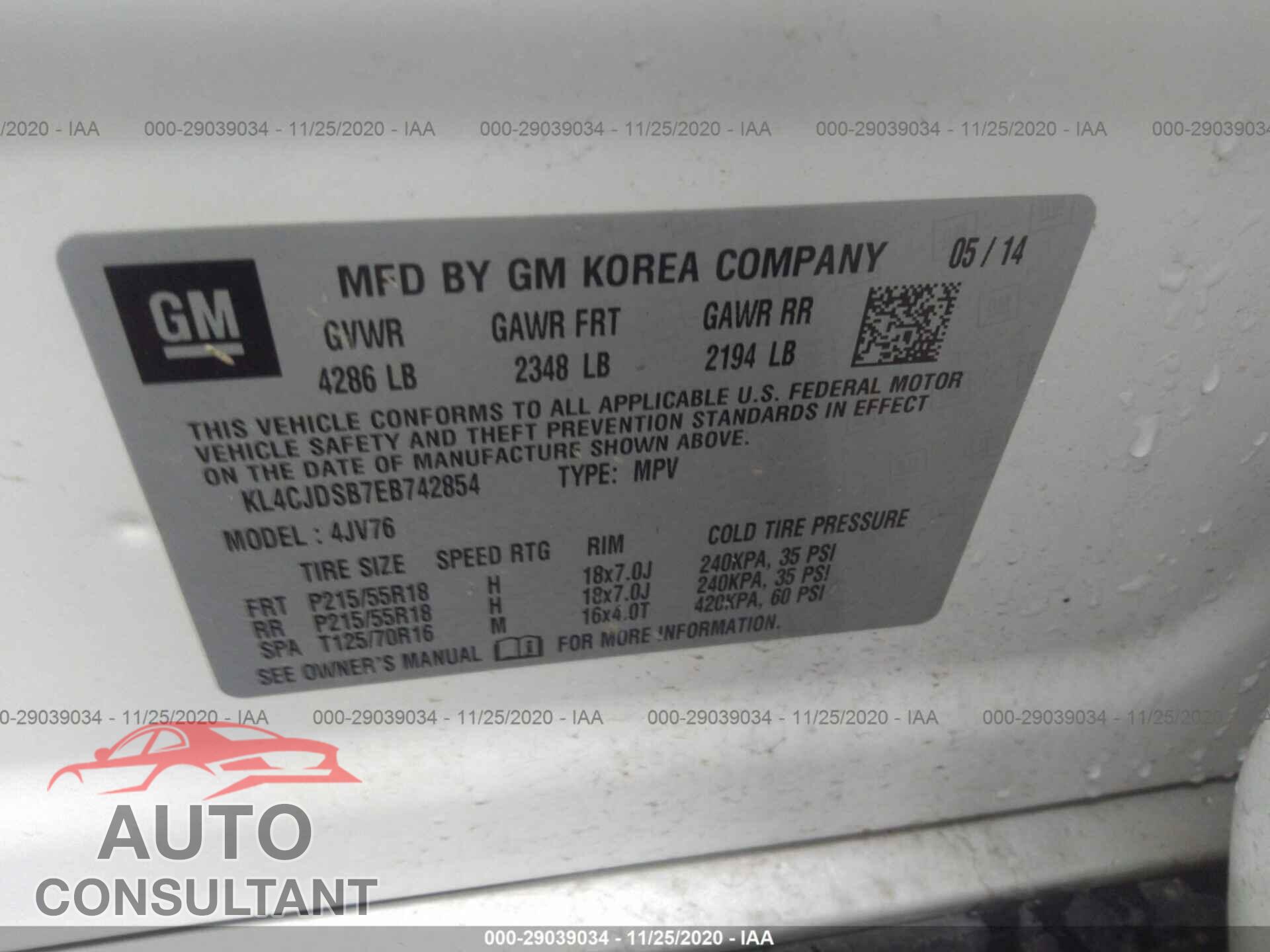 BUICK ENCORE 2014 - KL4CJDSB7EB742854