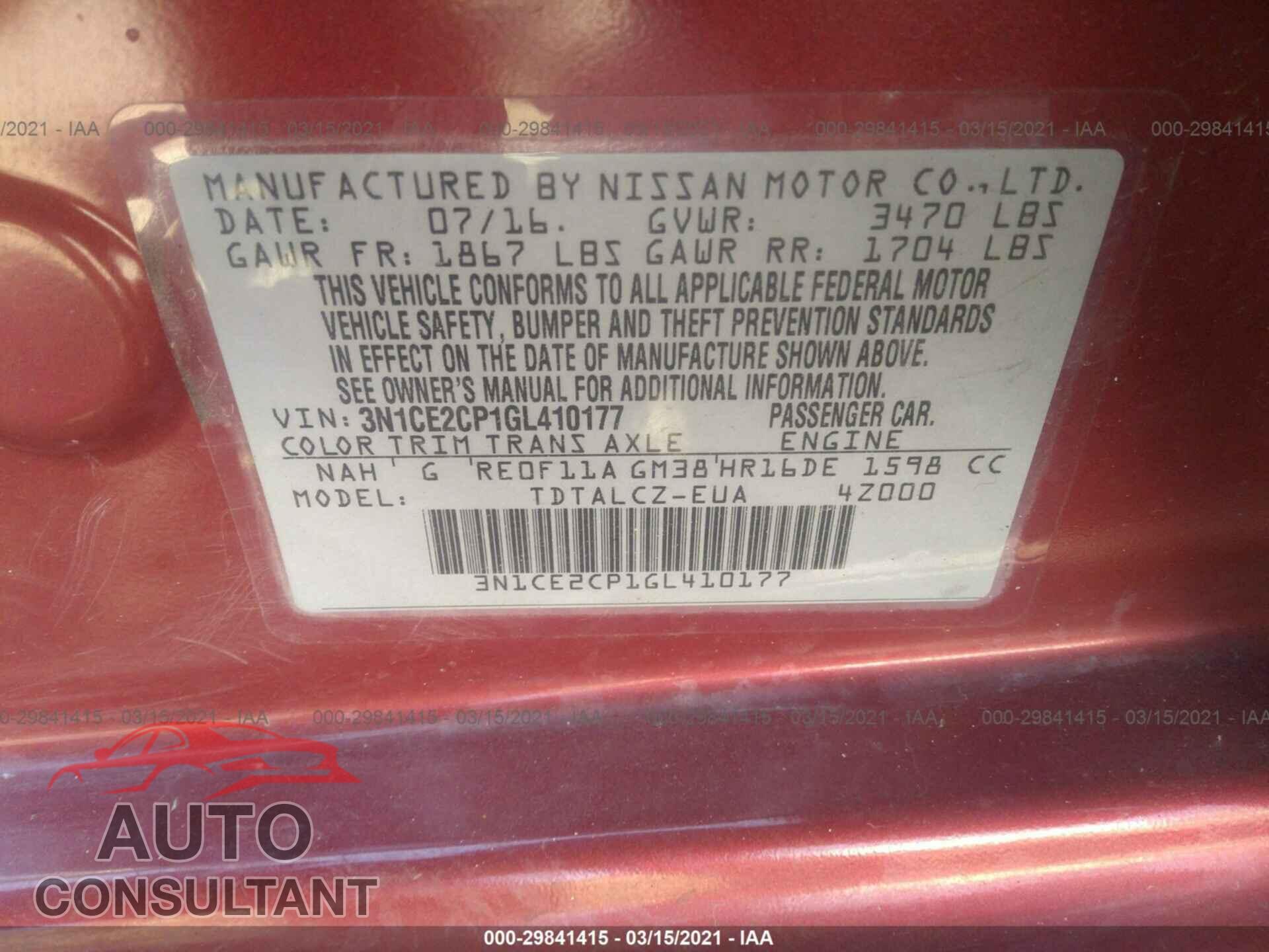 NISSAN VERSA NOTE 2016 - 3N1CE2CP1GL410177